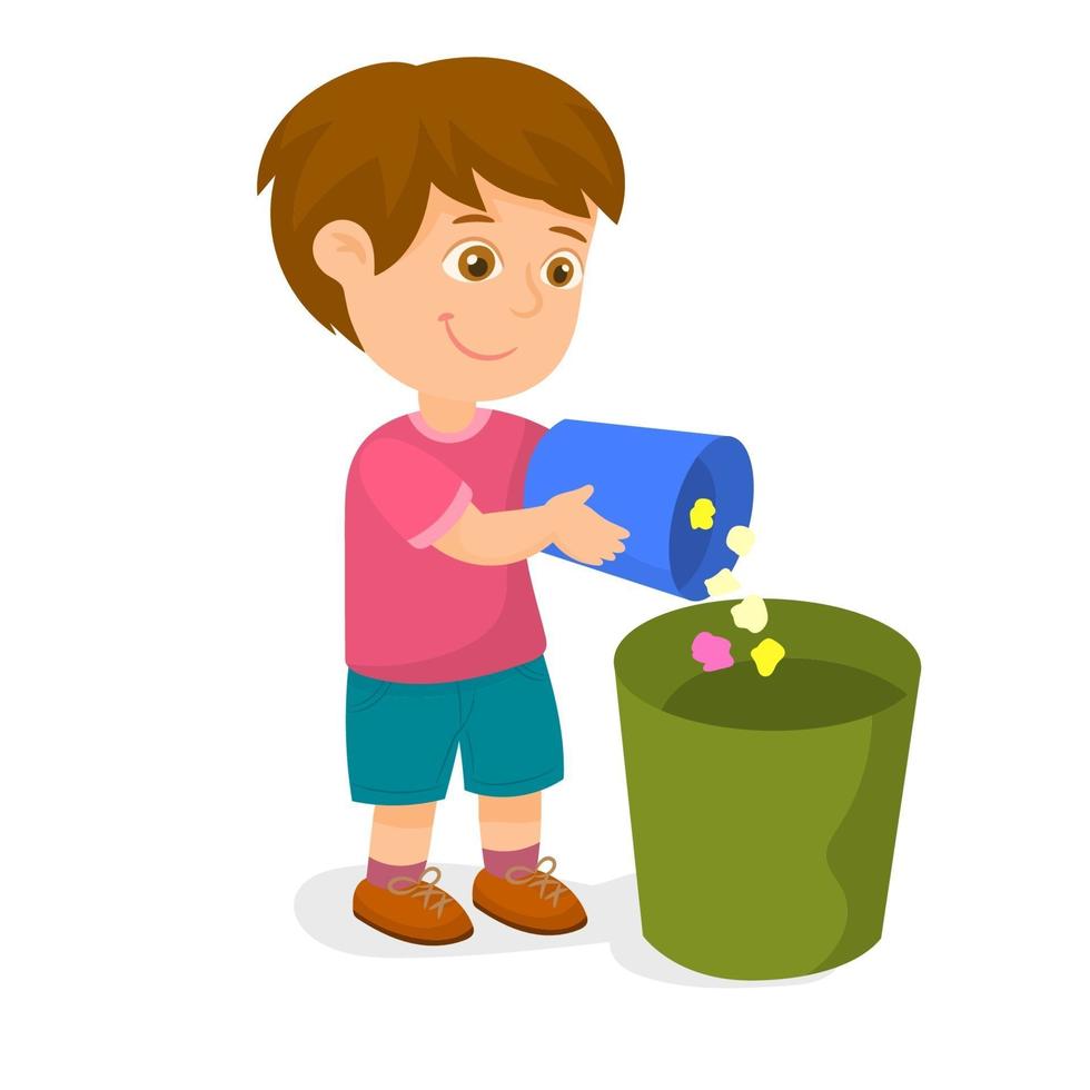 niño depositando una basura en un contenedor vector