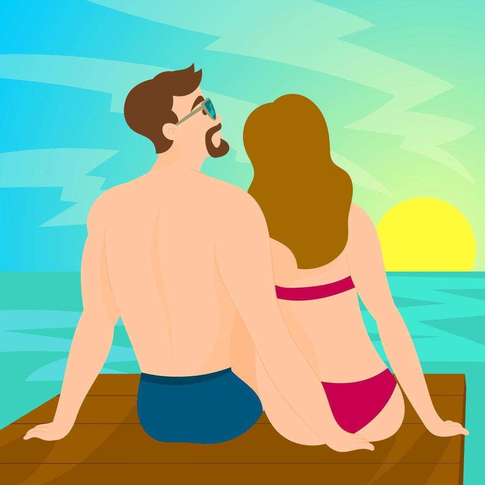 Young couple on the seashore watching the sunset vector