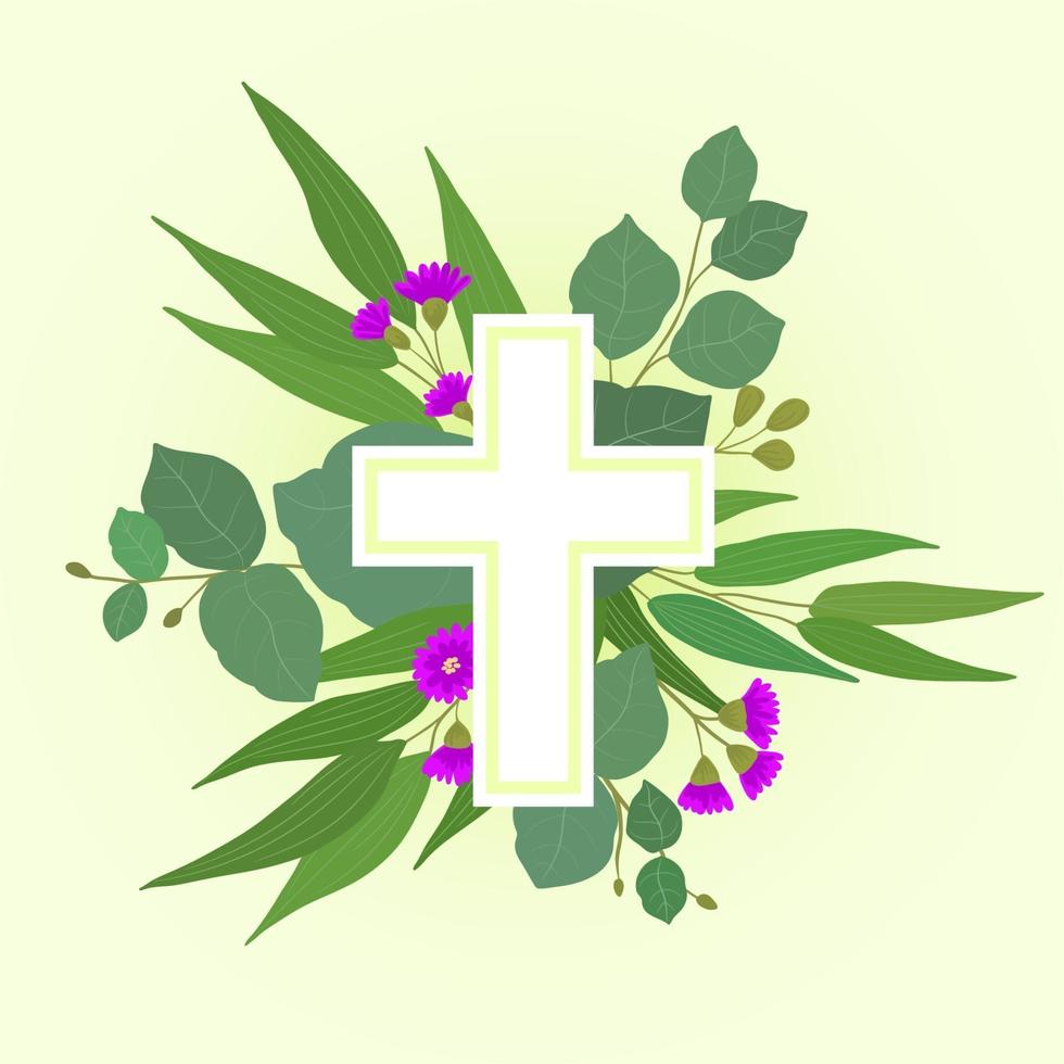 cruz cristiana de hojas verdes y flores vector