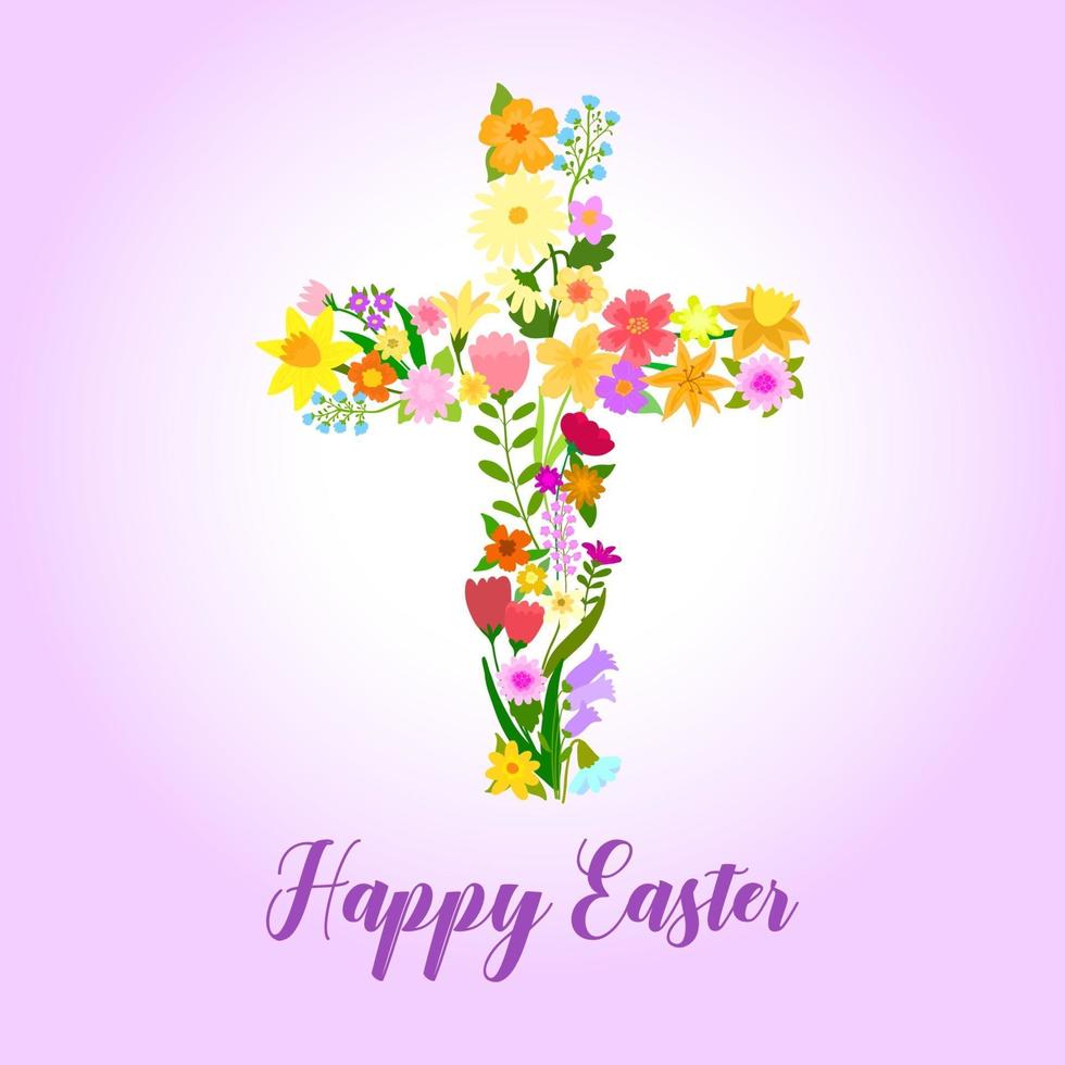 Christian cross of green leaves and flowers vector