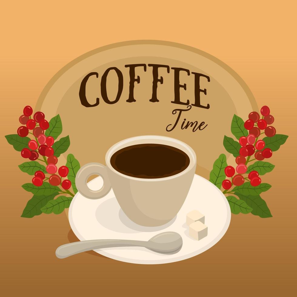 Cup of hot coffee beans and sugar cubes vector