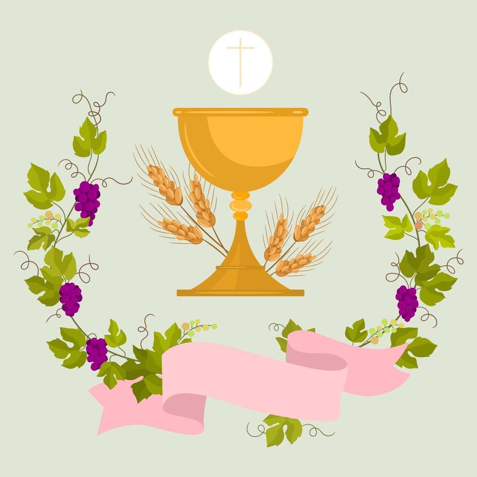 invitación a la copa de la primera comunión y anfitrión de la religión católica vector
