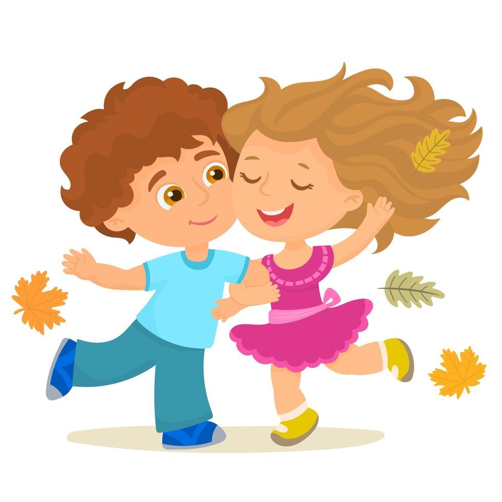 Two children playing among autumn leaves vector