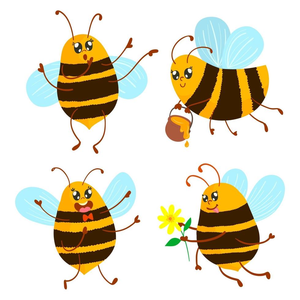 lindo juego de abejas lleva miel y flores vector