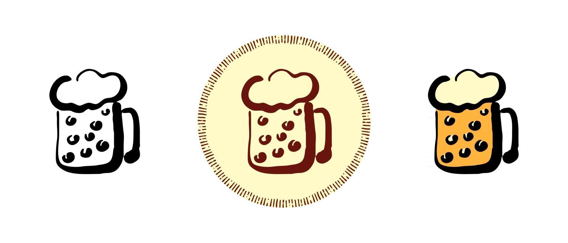 Contorno y color y símbolos retro de una taza con cerveza. vector