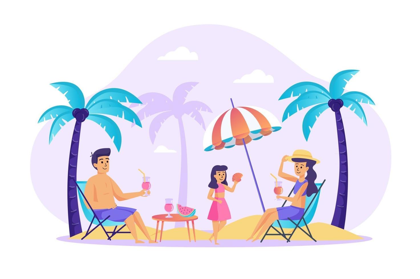 familia descansando en la playa concepto ilustración vectorial de personajes de personas en diseño plano vector