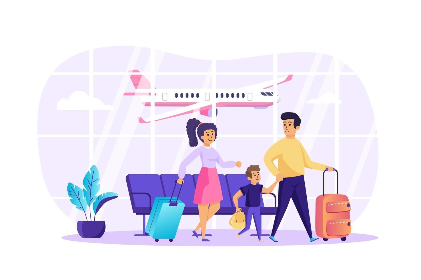 Family with kid in airport terminal concept vector illustration of people characters in flat design