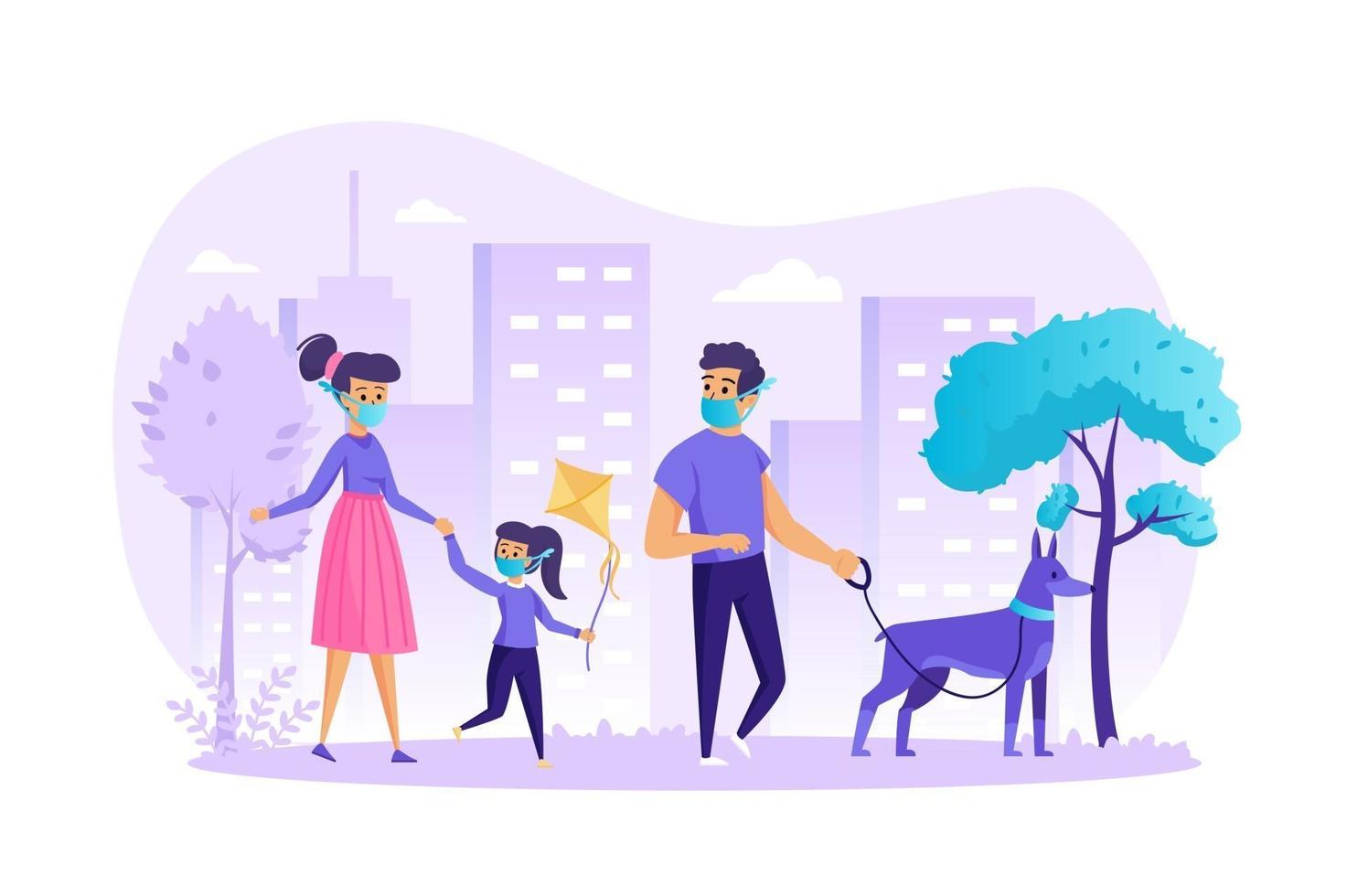 Familia en máscara médica caminando con perro concepto ilustración vectorial de personajes de personas en diseño plano vector