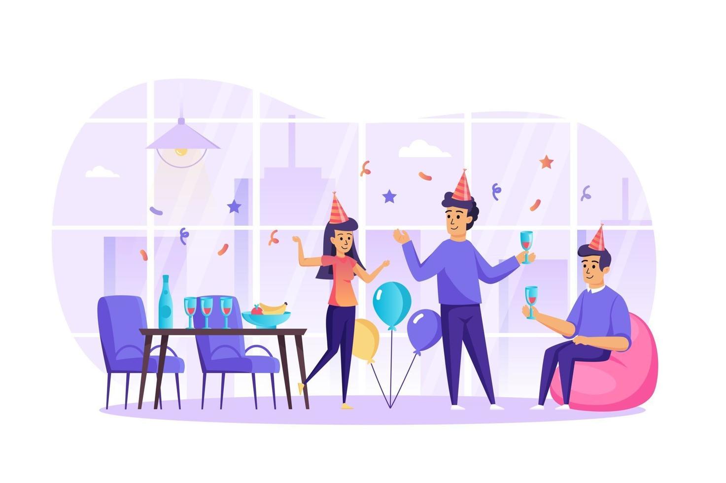 Amigos felices celebran las vacaciones en la ilustración de vector de concepto de fiesta de personajes de personas en diseño plano