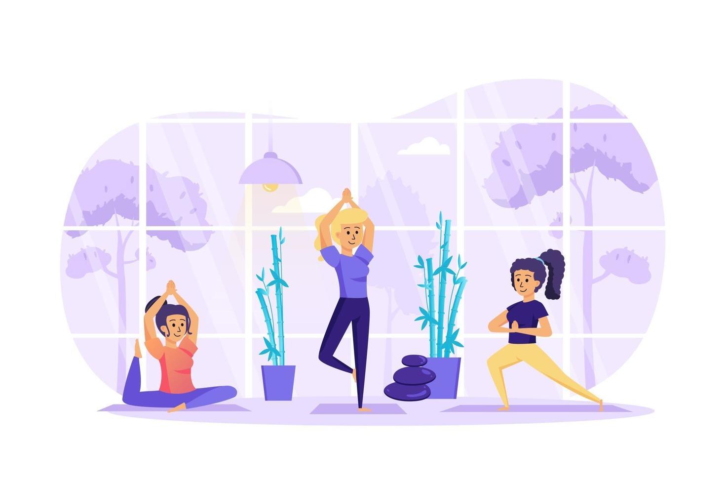 Mujeres haciendo asanas de yoga en el concepto de estudio ilustración vectorial de personajes de personas en diseño plano vector