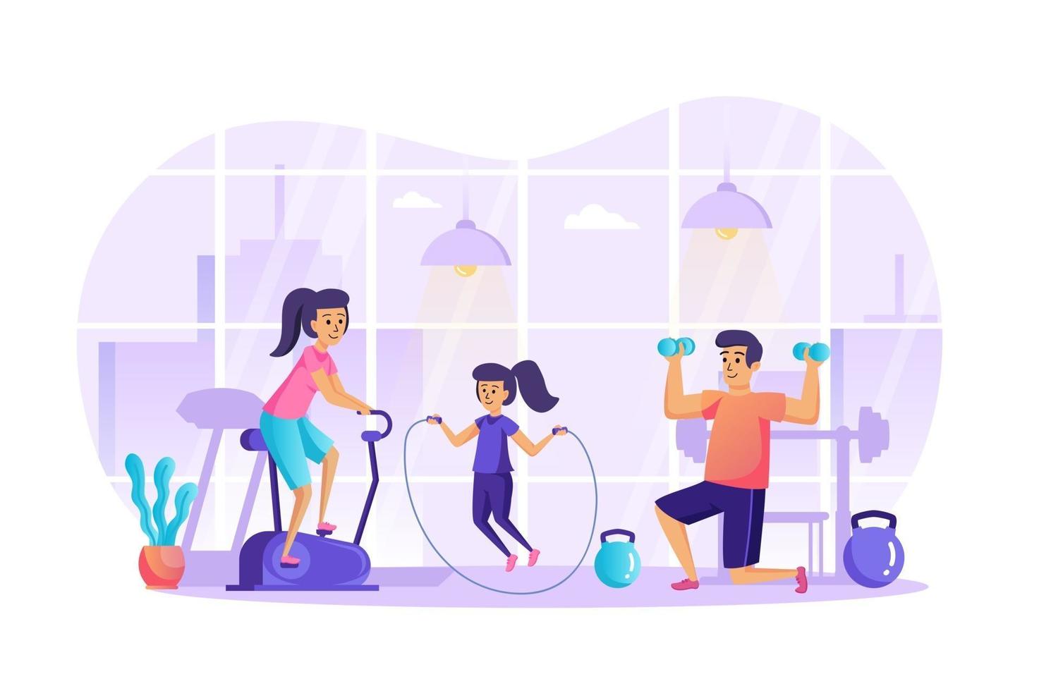 familia deportiva haciendo fitness en el concepto de gimnasio ilustración vectorial de personajes de personas en diseño plano vector