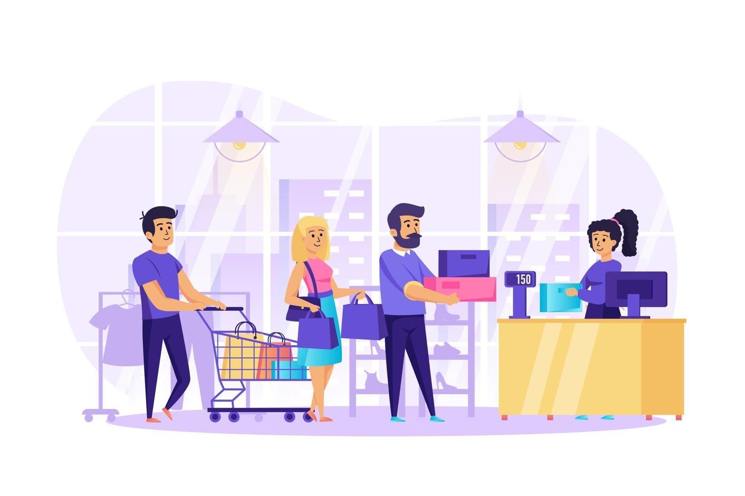 gente de compras en la tienda concepto ilustración vectorial de personajes de personas en diseño plano vector