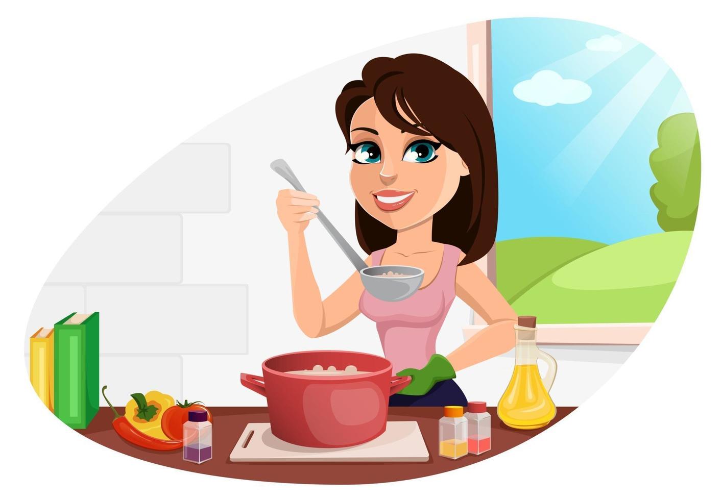 Beautiful woman cooking in her kitchen vector