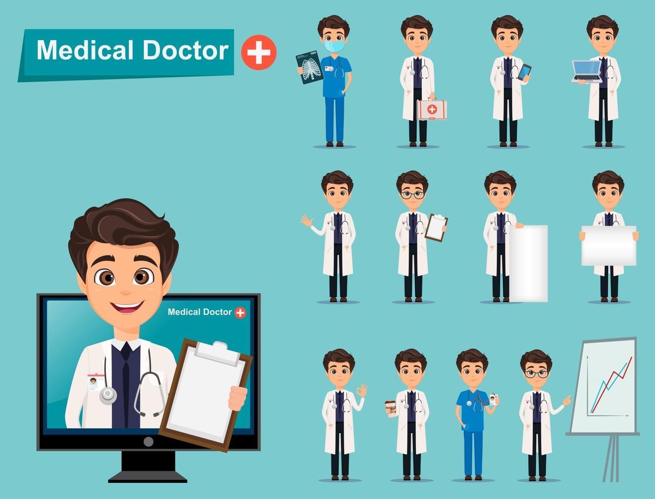 Cute cartoon character medical doctor set vector