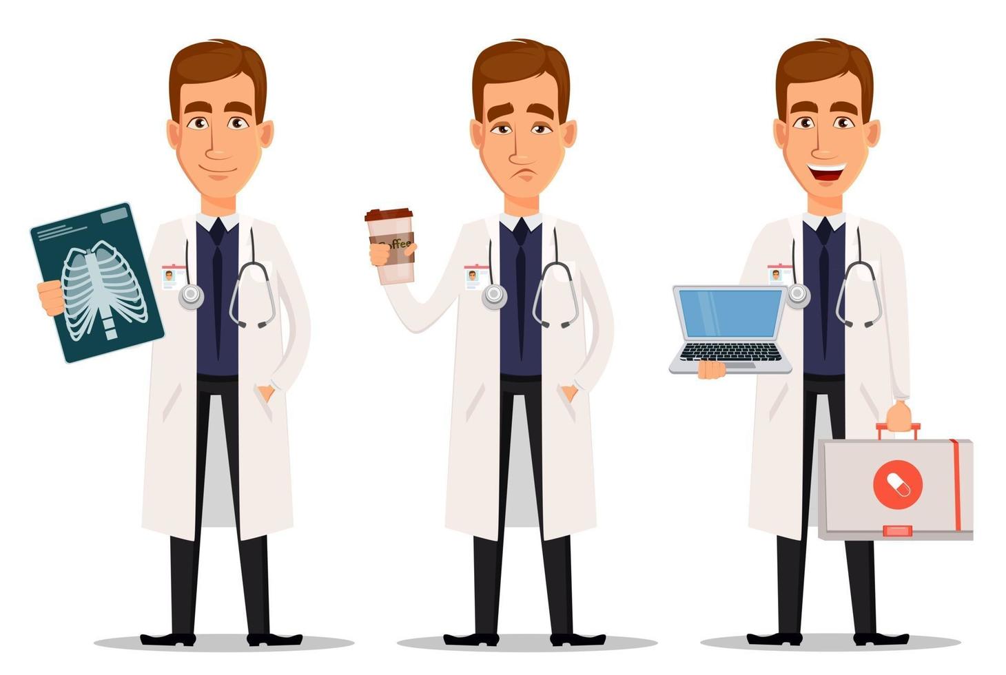 Young professional doctor set with x ray shot with coffee and with laptop vector