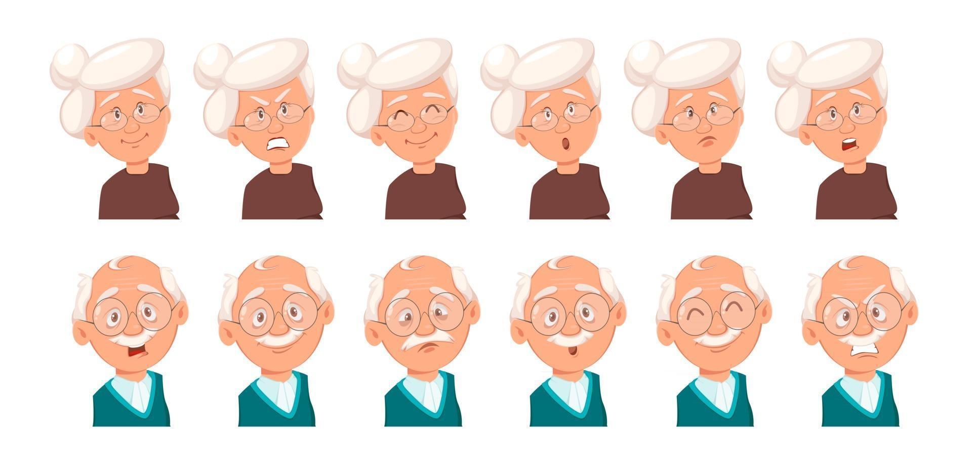 expresiones faciales de abuelo y abuela vector