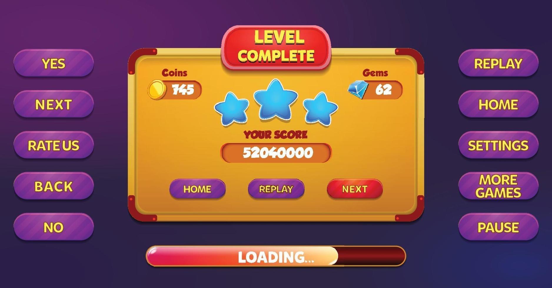 Level selection game menu scene with buttons  loading bar and stars Pro Vector