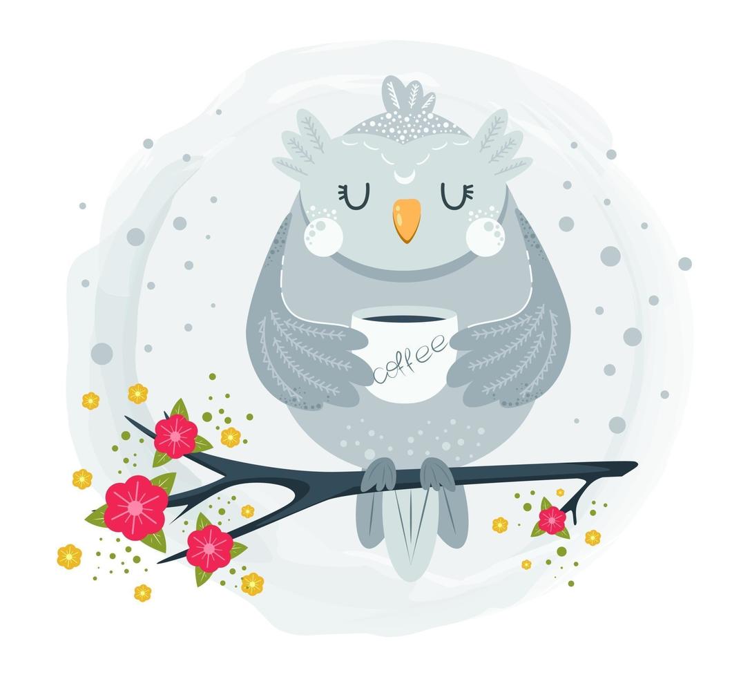 Cute owl sitting on branch and drinking coffee vector