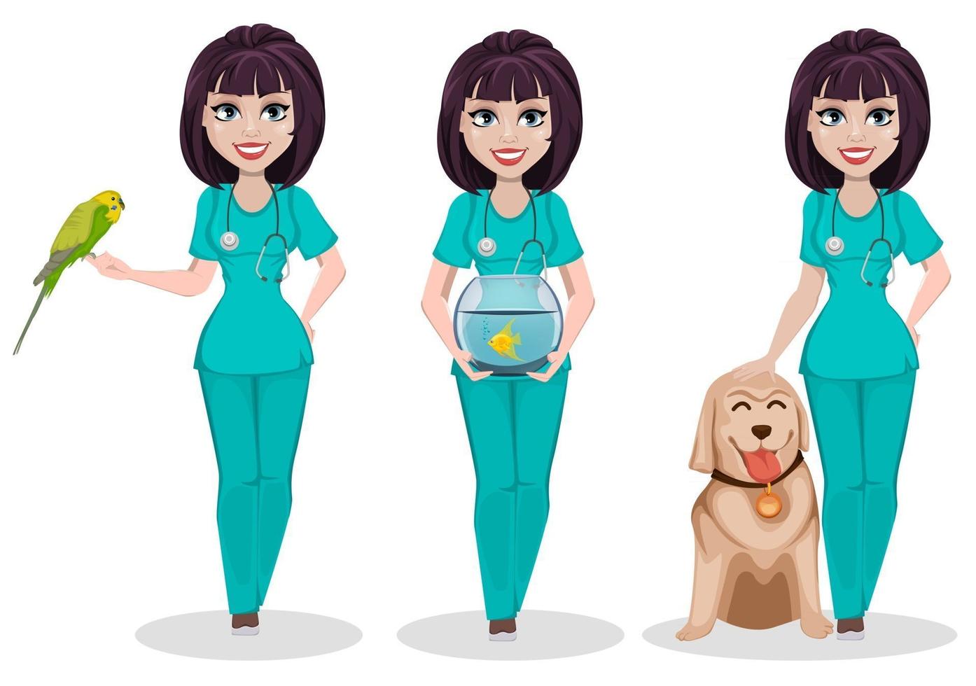 mujer veterinaria conjunto de tres poses vector