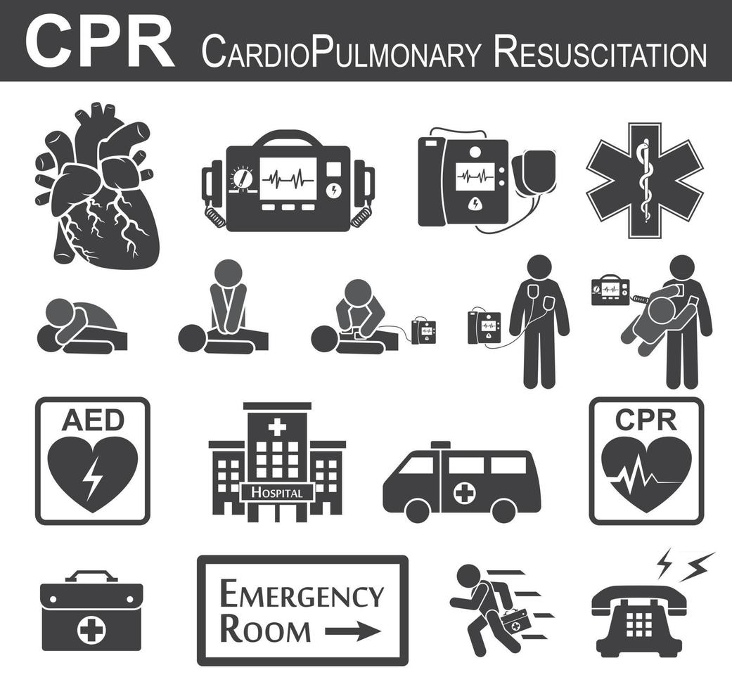 RCP icono de reanimación cardiopulmonar diseño plano en blanco y negro soporte vital básico bls y soporte vital cardíaco avanzado acls desfibrilación por compresión de pecho boca a boca vector