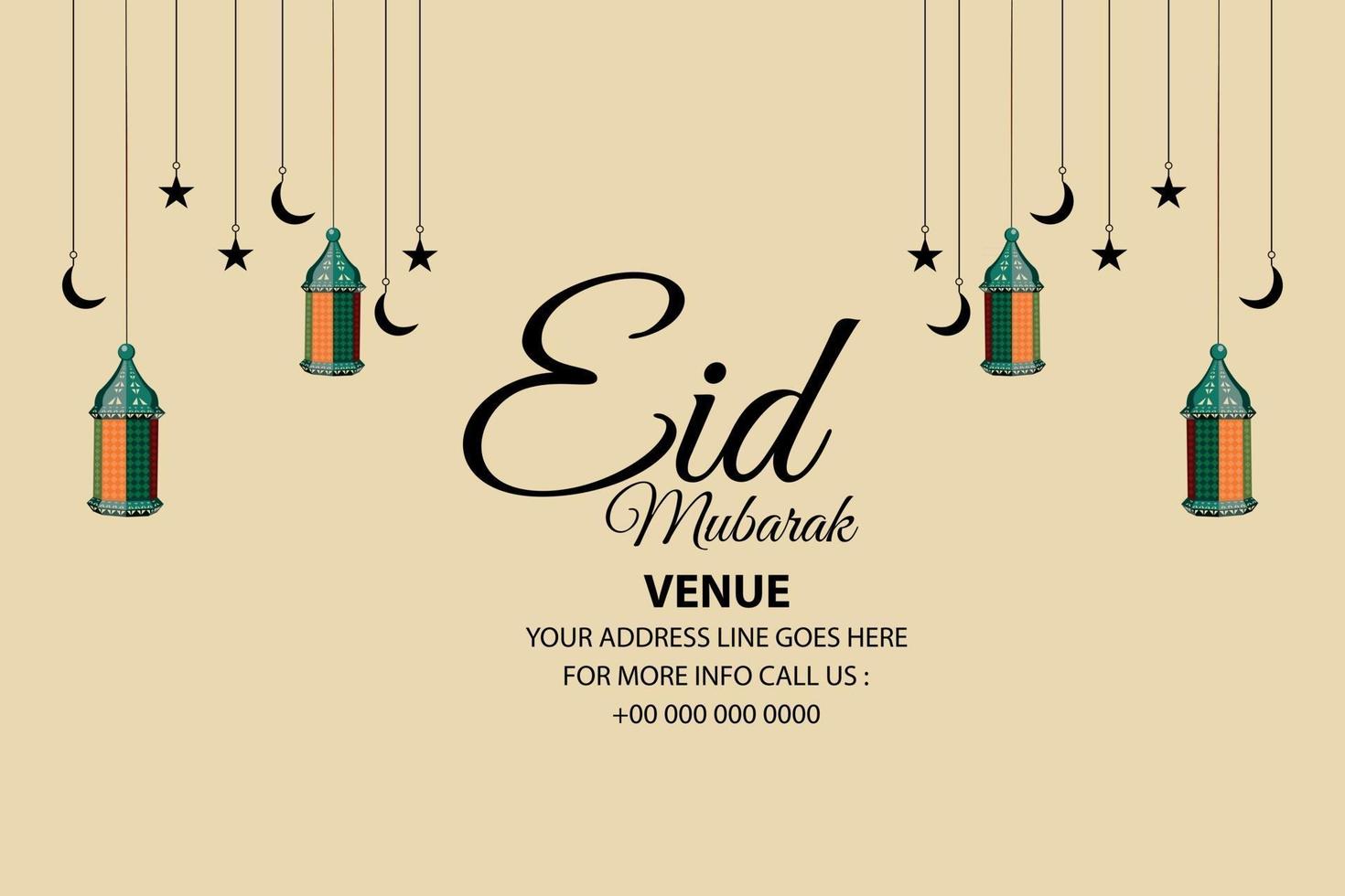 Flat design of eid mubarak with vector lantern and moon