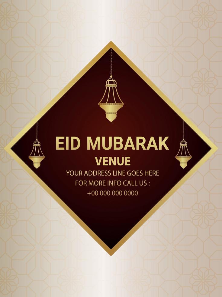 Eid mubarak invitation flyer with golden lantern on creative background vector