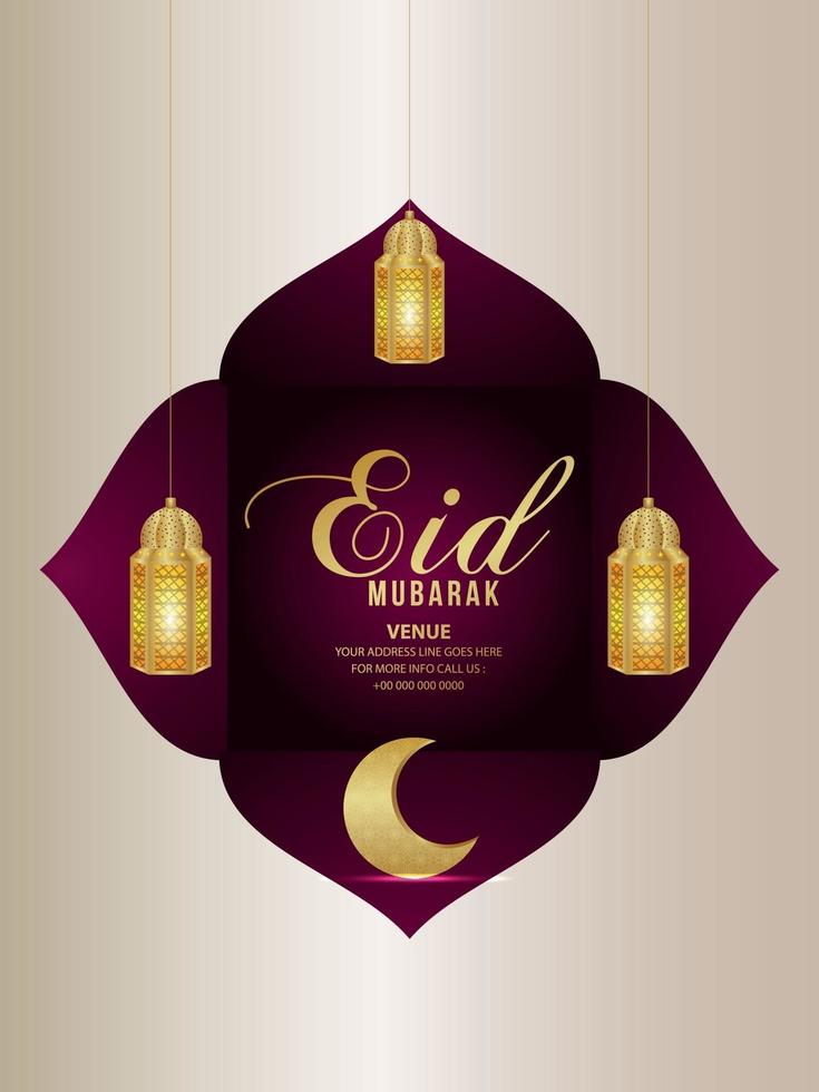 Ilustración de vector de tarjeta de felicitación de celebración de eid mubarak con linterna dorada y luna