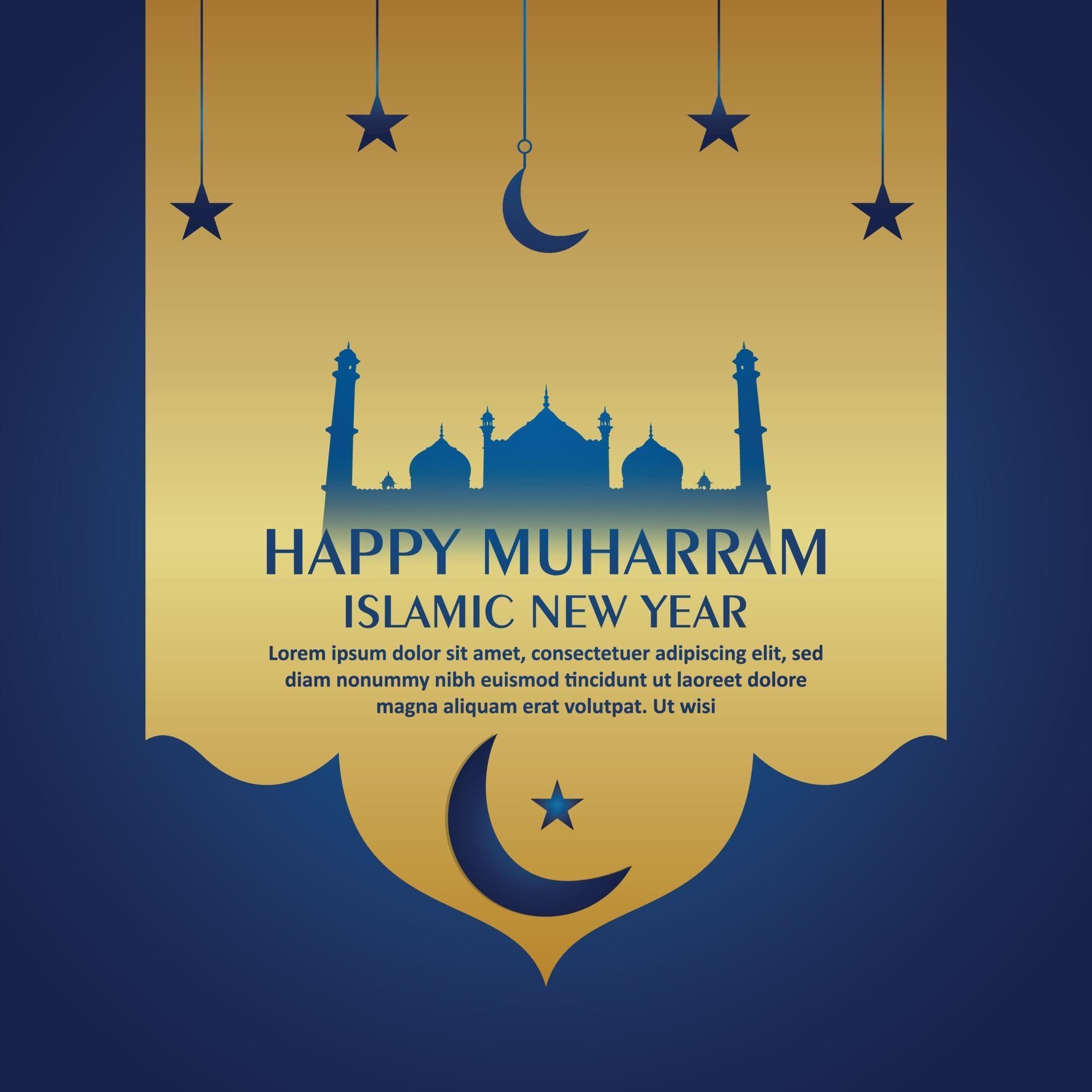Happy muharram islamic new year greeting card with golden lantern