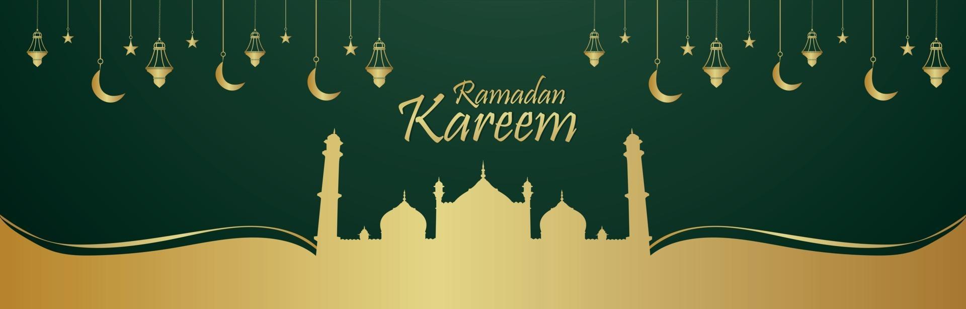 Ramadan kareem islamic festival invitation banner or header with pattern lantern and mosque vector