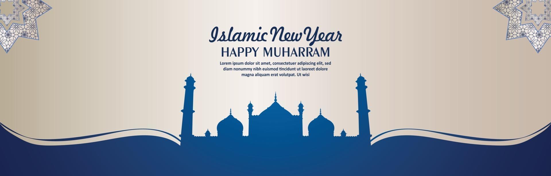 feliz año nuevo islámico muharram banner o encabezado con mezquita plana vector