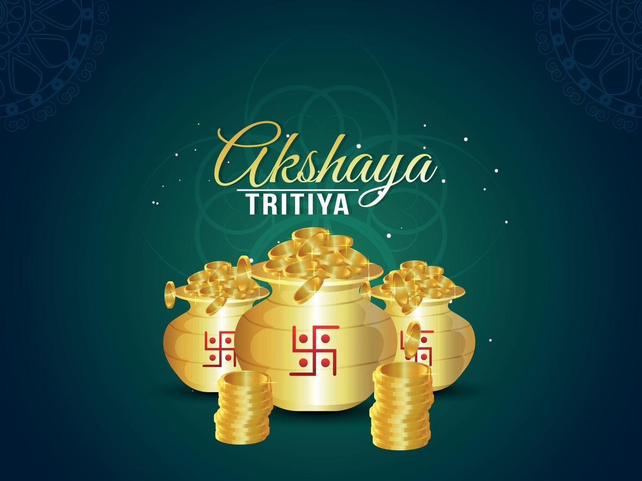 Akshaya tritiya invitation greeting card with gold coin pot on creative background vector