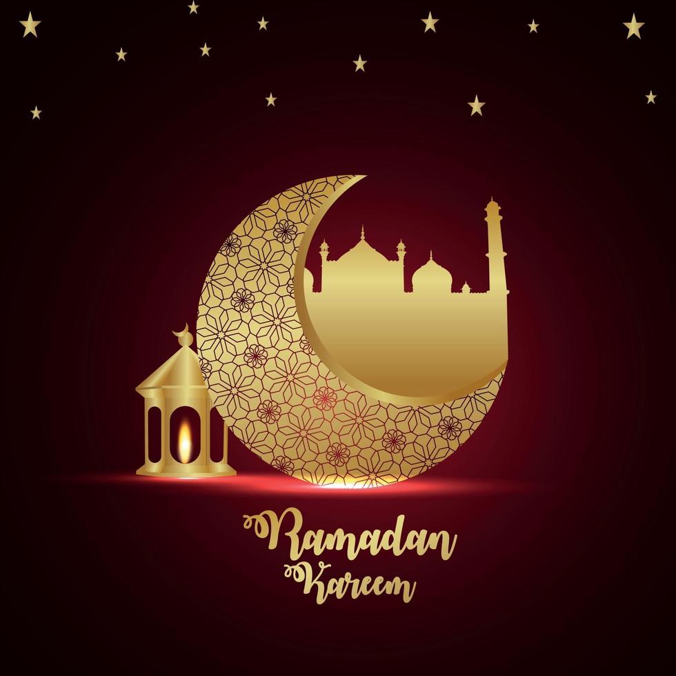 Tarjeta de felicitación del festival islámico de celebración de Ramadán Kareem con luna de patrón y linterna vector