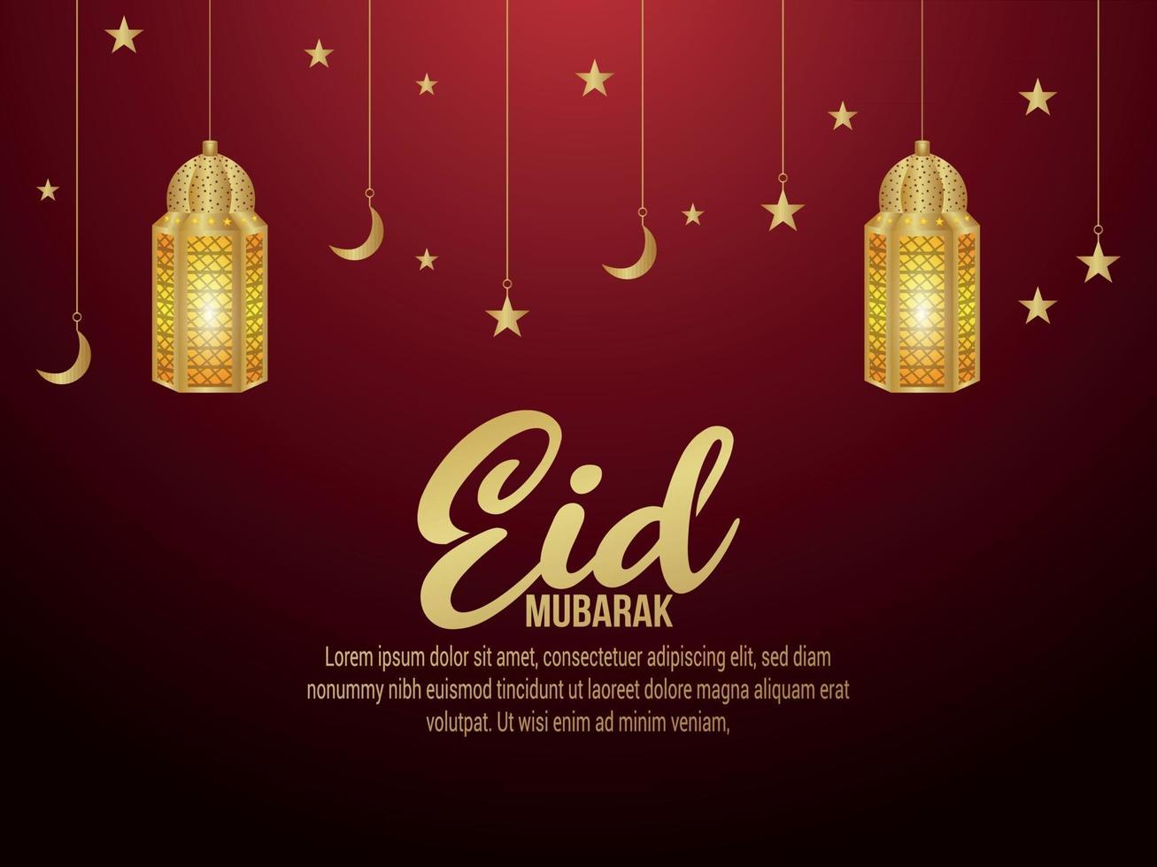 Eid mubarak islamic festival greeting card with golden lantern vector