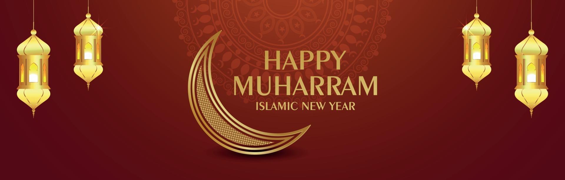 Happy muharram banner or header with creative golden lantern vector