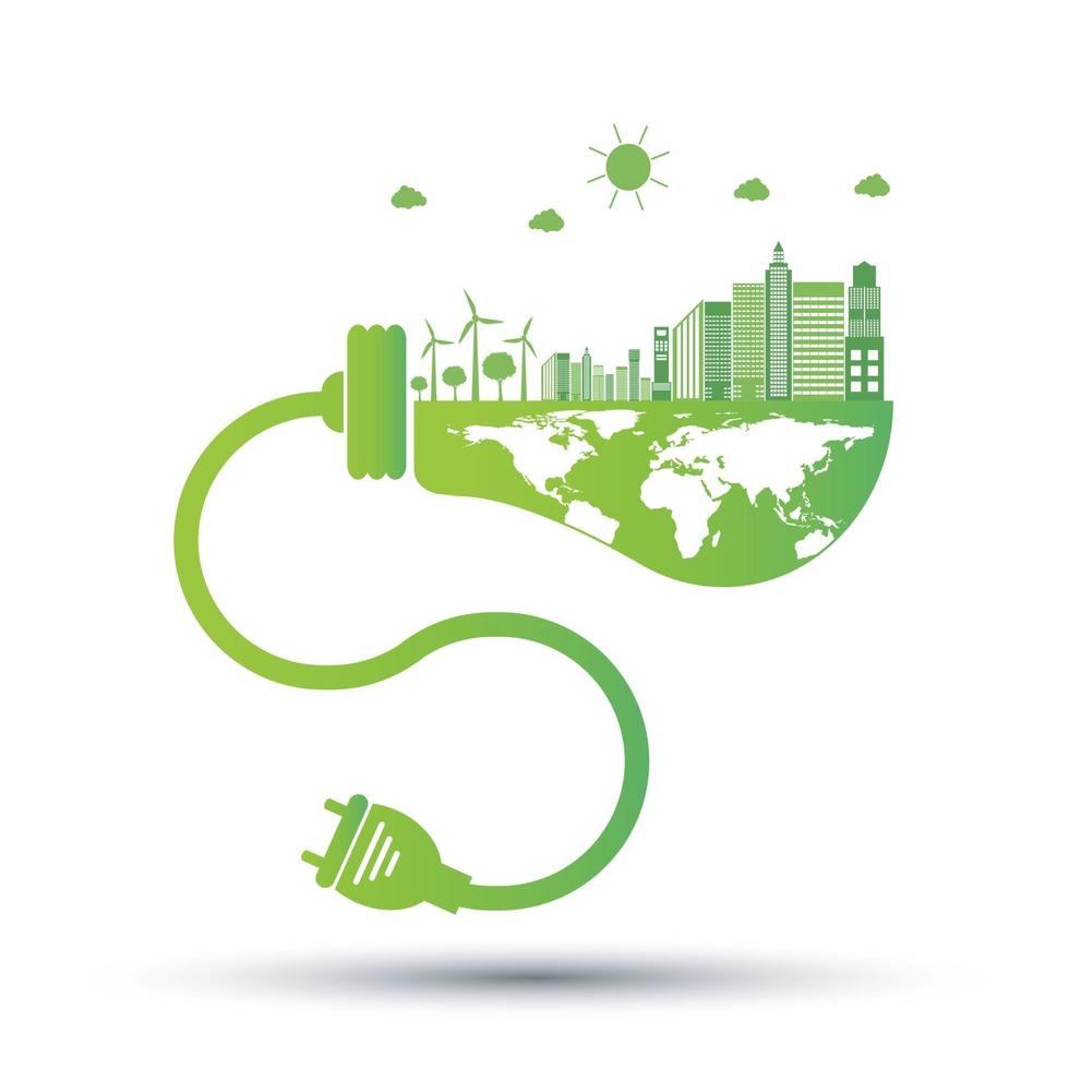 Ecology and Environmental Concept Earth Symbol With Green Leaves Around Cities Help The World With Eco Friendly Ideas vector