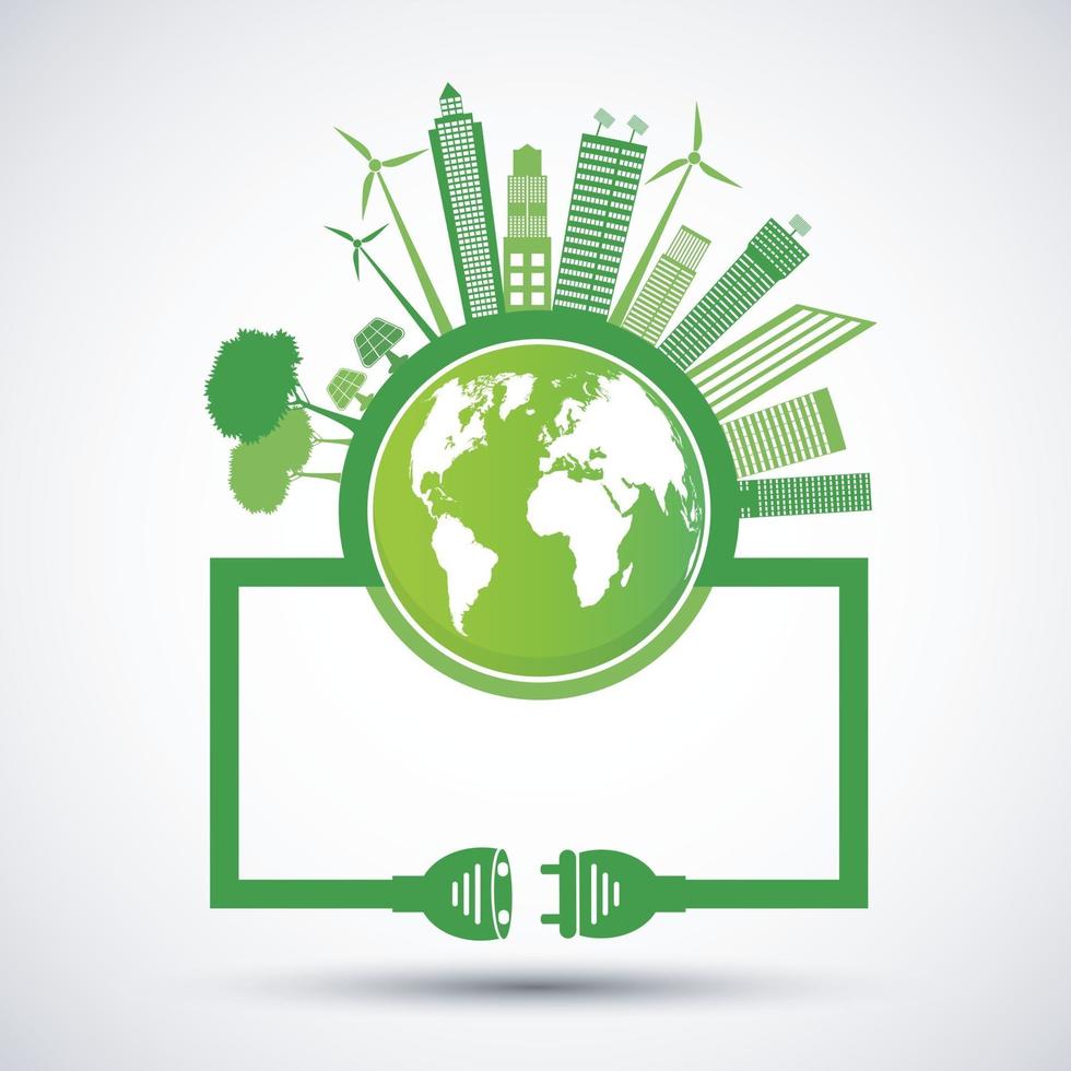Ecology and Environmental Concept Earth Symbol With Green Leaves Around Cities Help The World With Eco Friendly Ideas vector