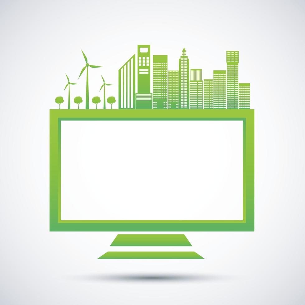 Ecology and Environmental Concept Earth Symbol With Green Leaves Around Cities Help The World With Eco Friendly Ideas vector