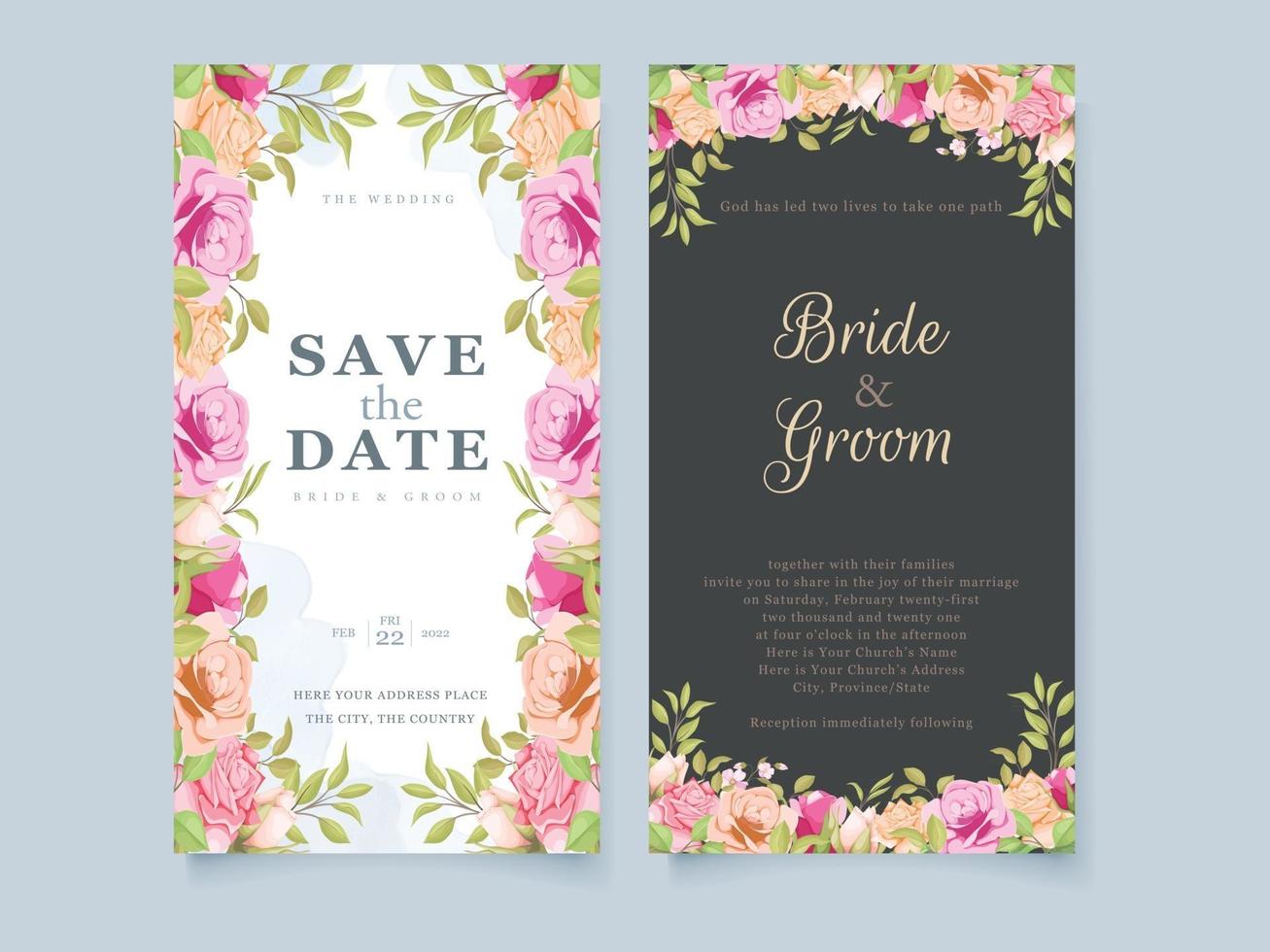 Wedding Invitation Card Floral Concept Template with Flowers and Leaves vector