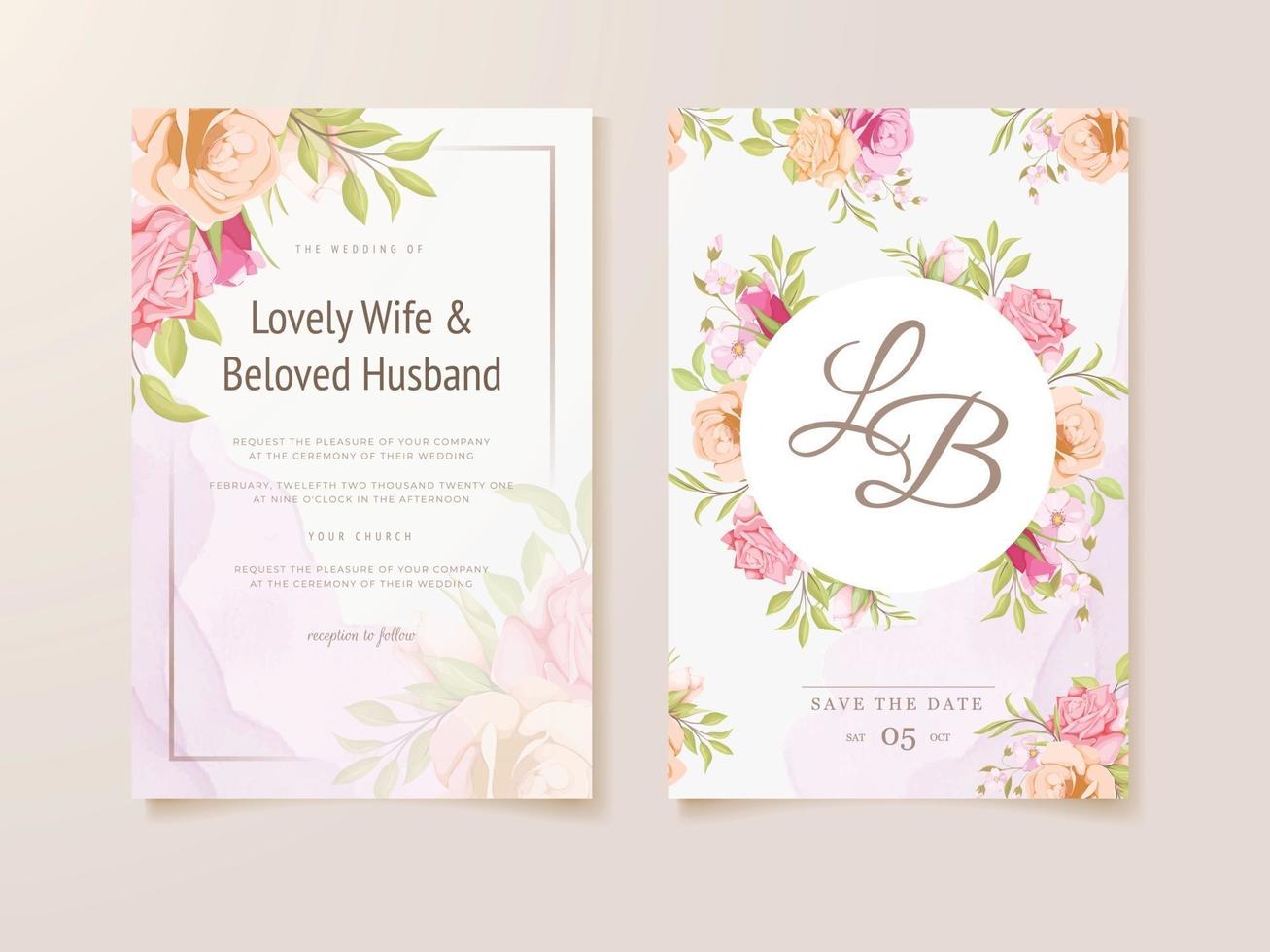 Plantilla de concepto floral de tarjeta de invitación de boda con flores y hojas vector