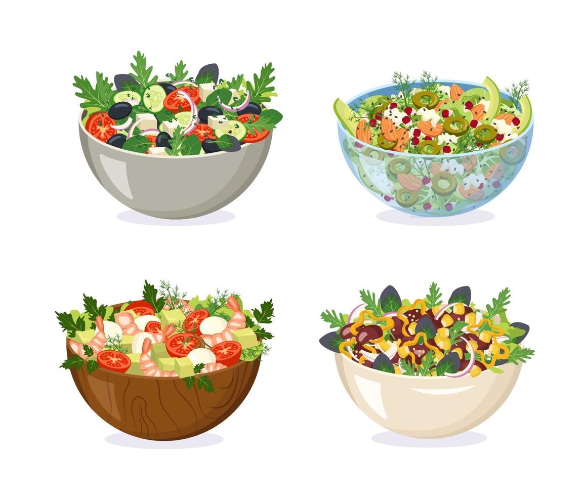 A set of bowls from different materials with homemade salad. Sliced vegetables, herbs and healthy ingredients in glass, wood, metal and ceramic dishes. Cooking delicious food at home. Vector illustration