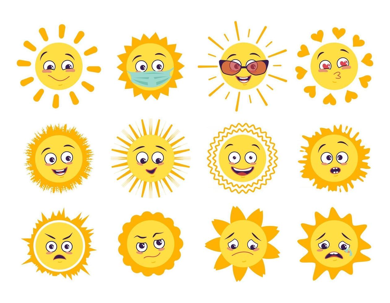 Sun icons set with different emotions medical mask and goggles isolated on white background Symbol spring and summer vector