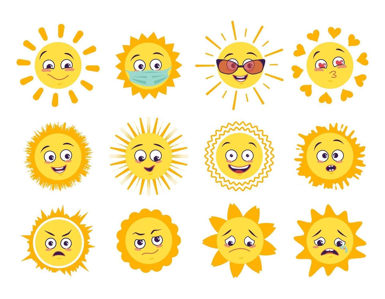 Iconos de sol con diferentes emociones máscara médica y gafas aisladas sobre fondo blanco símbolo de primavera y verano vector