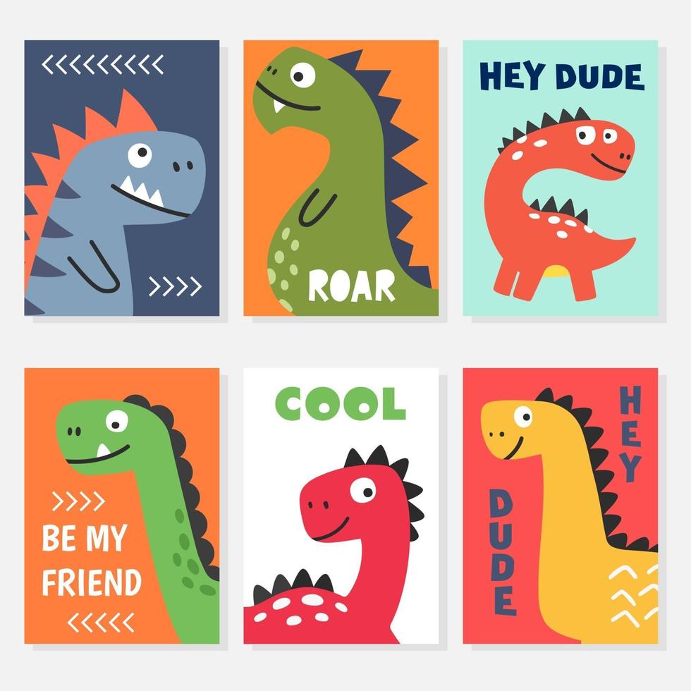 Set of colorful posters with cute dinosaur vector