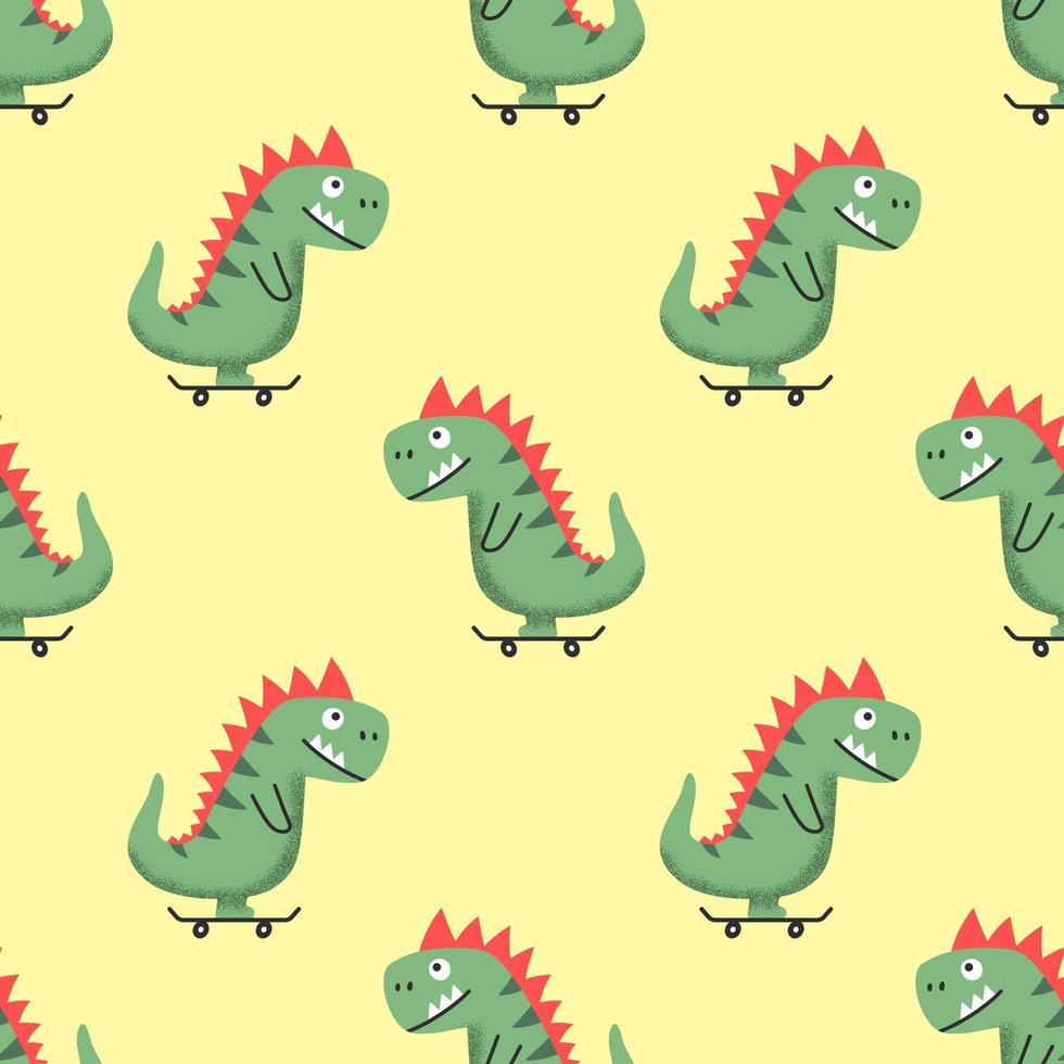 Seamless pattern vector illustration with funny cheerful cartoon dino riding skateboard on yellow background