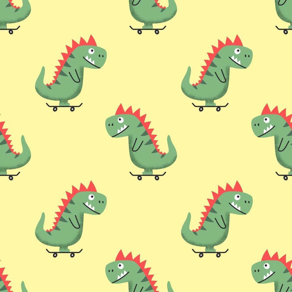 Seamless pattern vector illustration with funny cheerful cartoon dino riding skateboard on yellow background