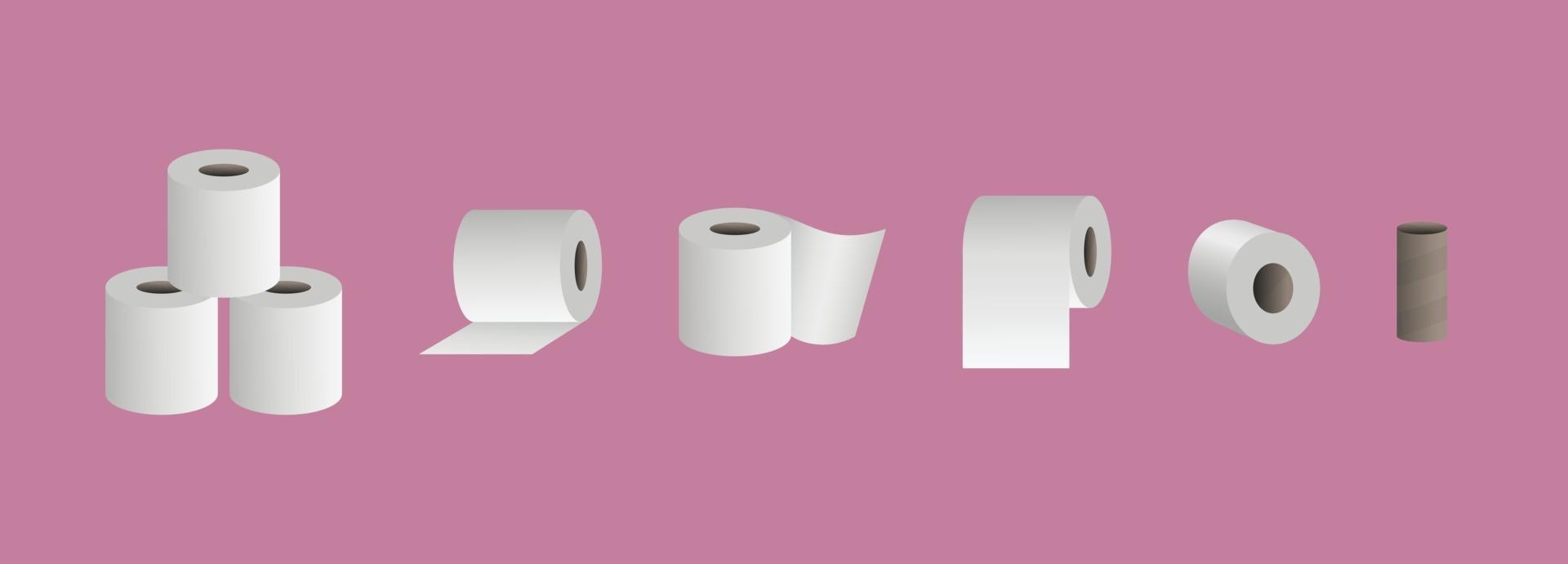 Conjunto de rollos de papel higiénico suave aislado en la ilustración de vector de fondo rosa