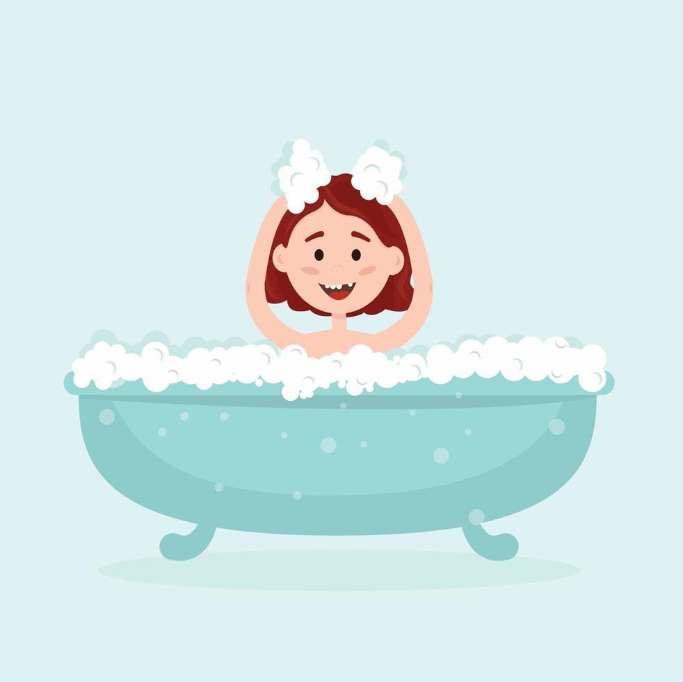 niña feliz bañándose en una bañera con burbujas vector