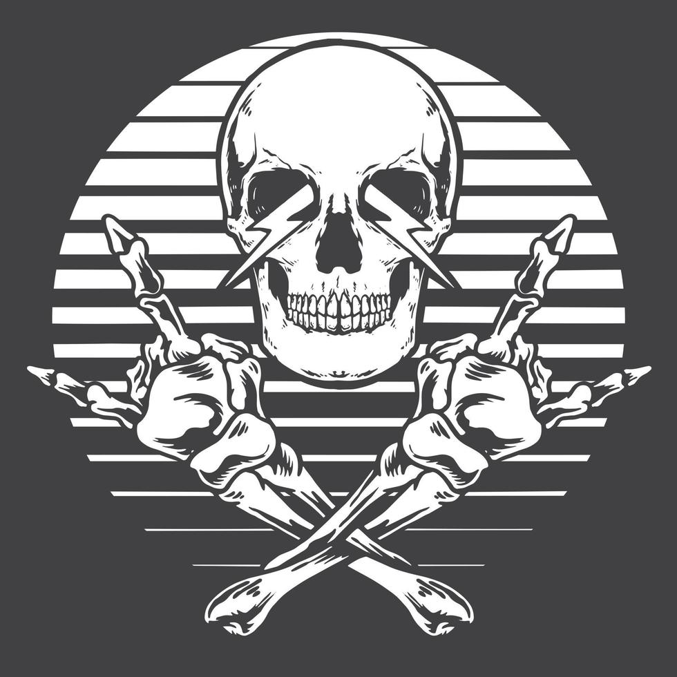 Crossed skull hands rock and roll monochrome vector