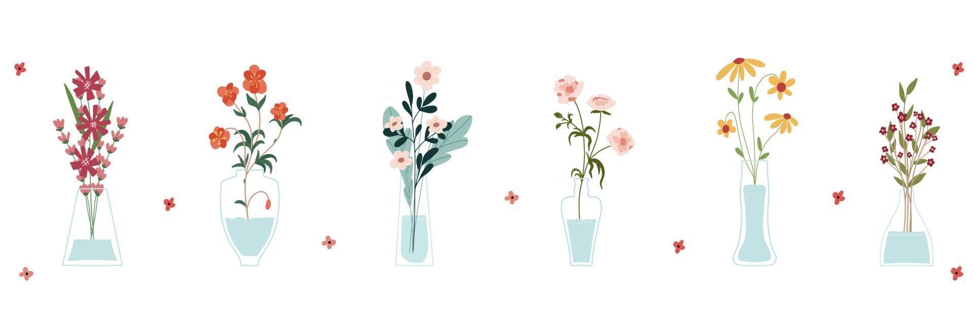 Set of bright spring blooming flowers in vases and bottles isolated on a white background A bunch of bouquets  Set of decorative floral design elements Cartoon flat vector illustration