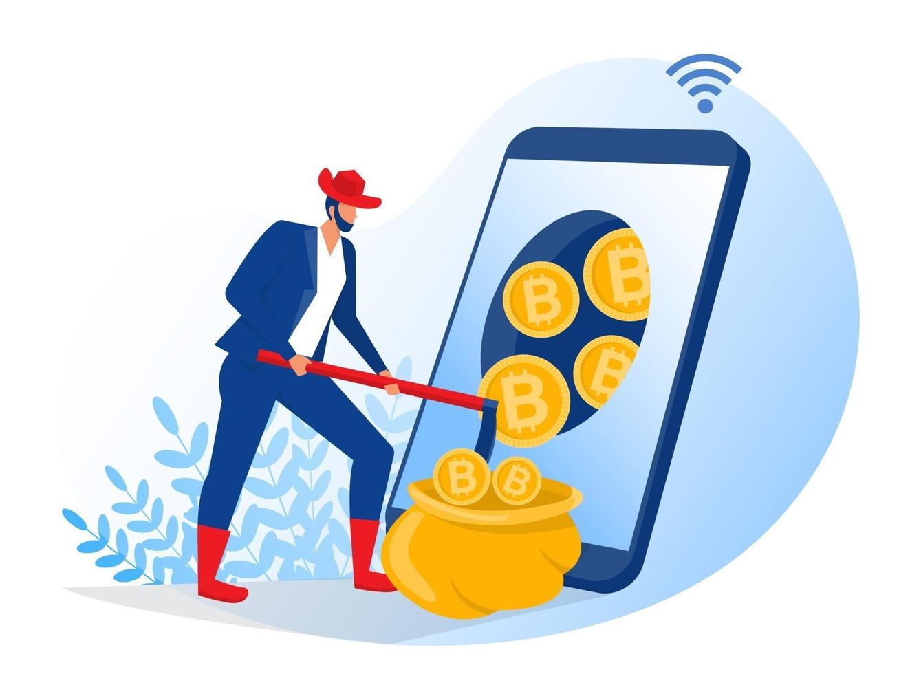 businessman dig bitcoin coins out of laptop screen, cryptocurrency concept vector